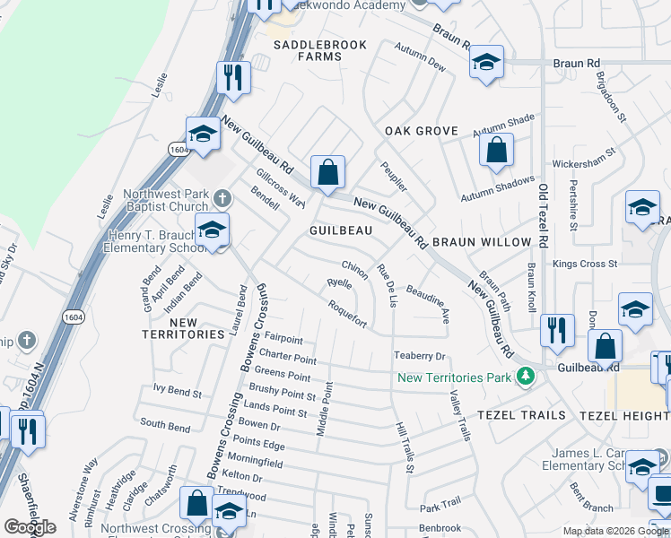 map of restaurants, bars, coffee shops, grocery stores, and more near 9027 Ryelle in San Antonio