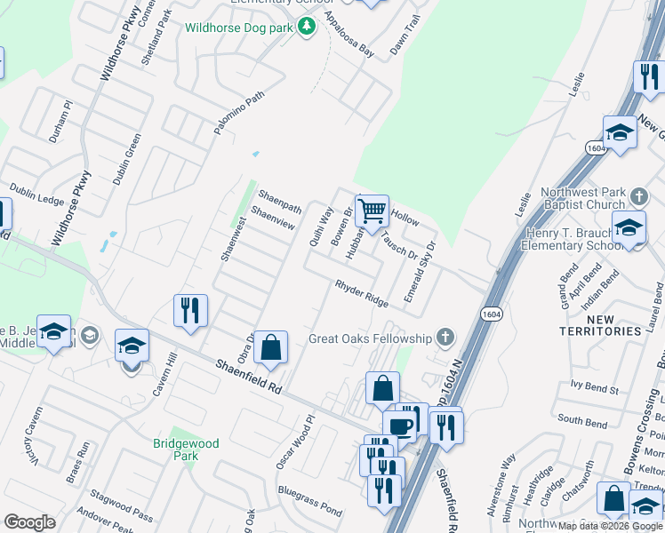map of restaurants, bars, coffee shops, grocery stores, and more near 10442 Stampede Stead in San Antonio