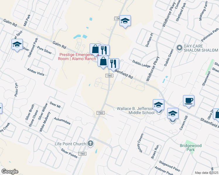 map of restaurants, bars, coffee shops, grocery stores, and more near 8894-8944 Farm to Market Road 1560 in San Antonio