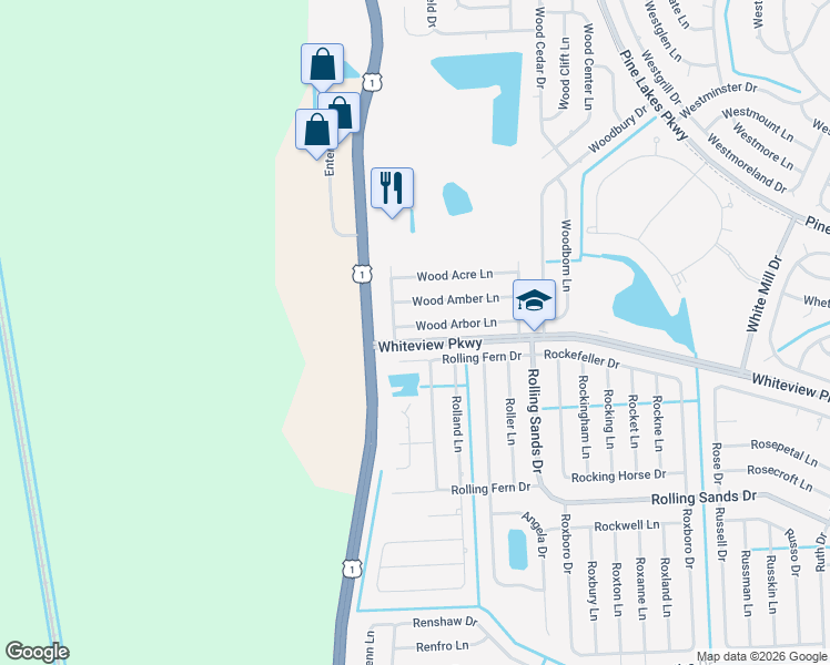 map of restaurants, bars, coffee shops, grocery stores, and more near 6 Wood Arbor Lane in Palm Coast