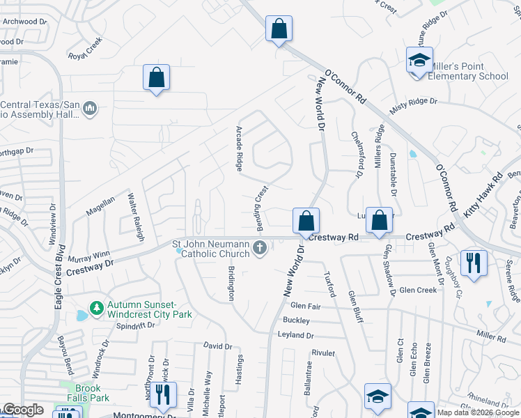 map of restaurants, bars, coffee shops, grocery stores, and more near 6706 Honeyridge Lane in San Antonio