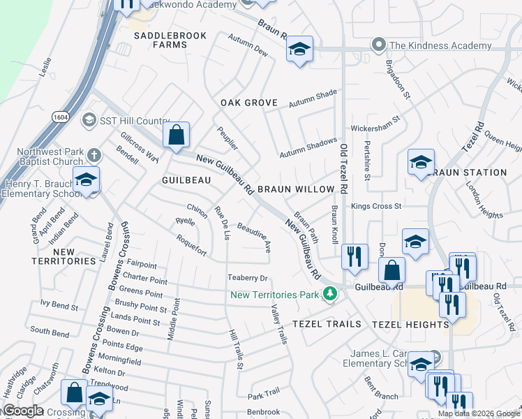 map of restaurants, bars, coffee shops, grocery stores, and more near 9319 Dancove Drive in San Antonio