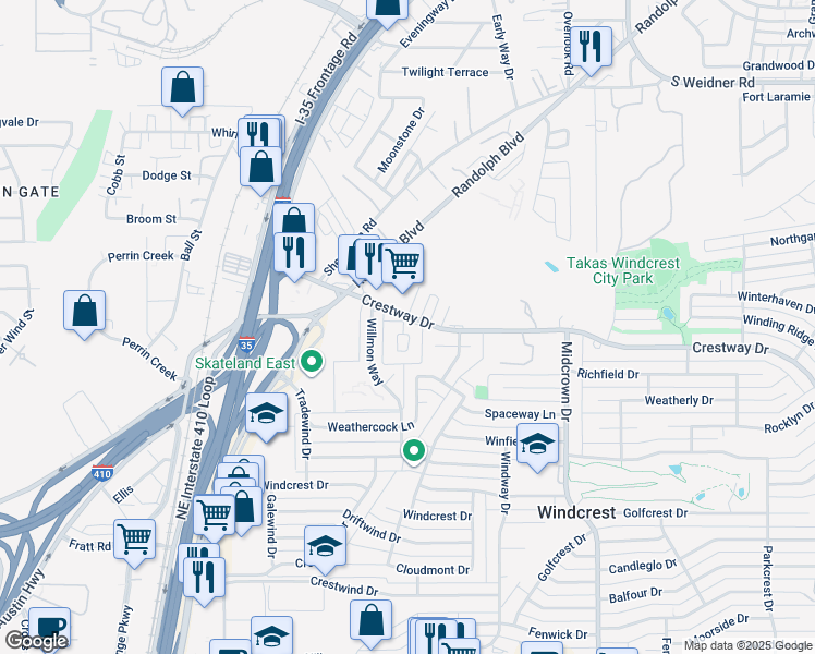 map of restaurants, bars, coffee shops, grocery stores, and more near 9103 Windgarden Circle in San Antonio