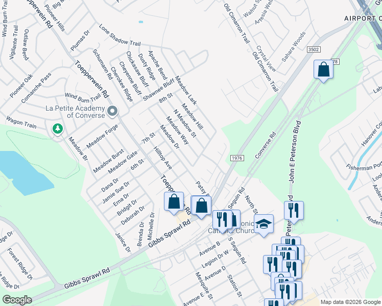 map of restaurants, bars, coffee shops, grocery stores, and more near 105 Meadow Way in Converse
