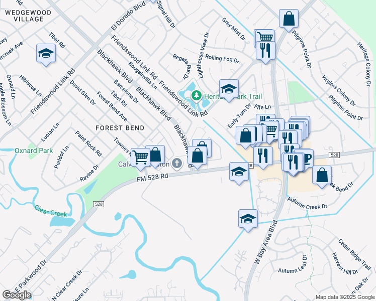map of restaurants, bars, coffee shops, grocery stores, and more near 17206 Blackhawk Boulevard in Friendswood