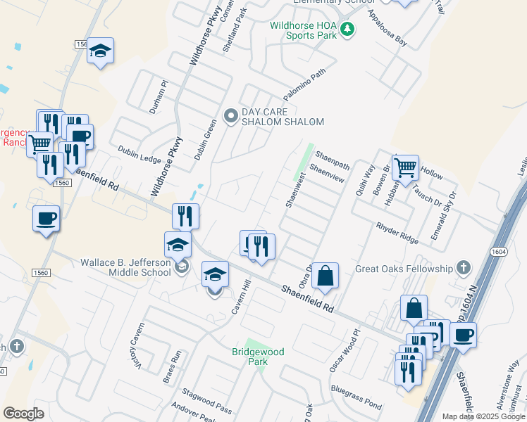 map of restaurants, bars, coffee shops, grocery stores, and more near 9043 Mustang Pass in San Antonio