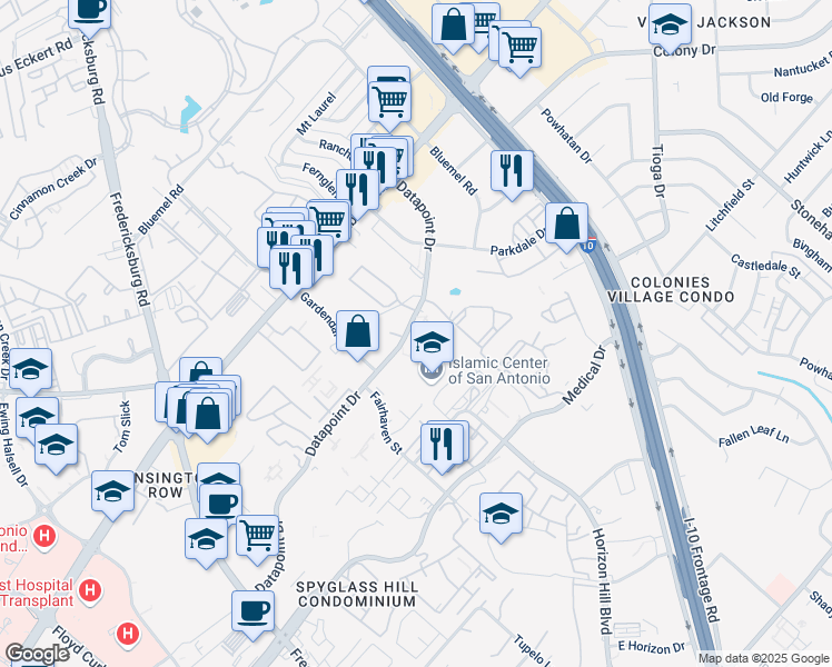 map of restaurants, bars, coffee shops, grocery stores, and more near 17 Datapoint Drive in San Antonio