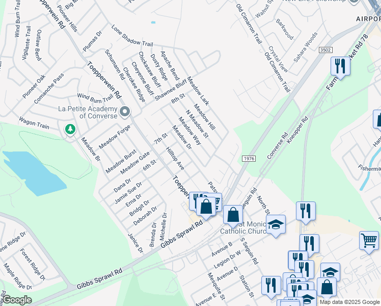 map of restaurants, bars, coffee shops, grocery stores, and more near 121 Meadow Drive in Converse