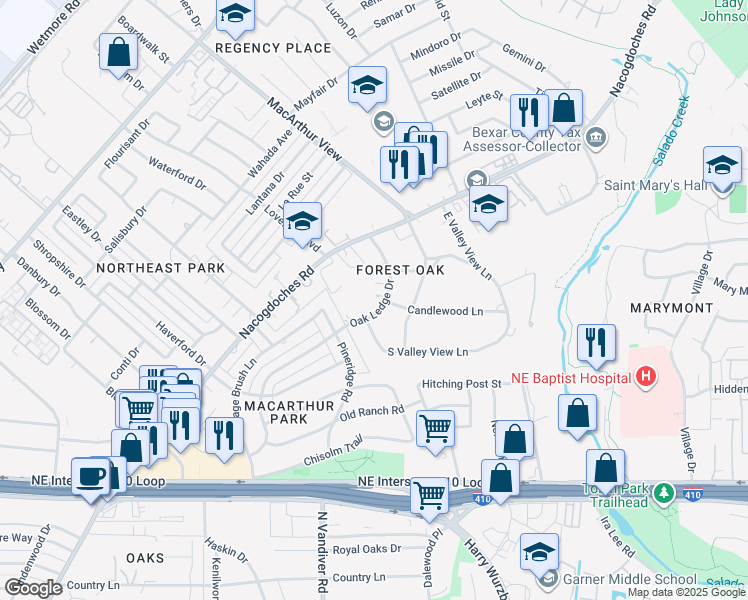 map of restaurants, bars, coffee shops, grocery stores, and more near 9143 Oak Ledge Drive in San Antonio
