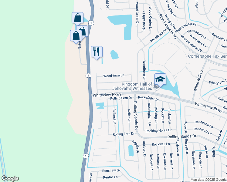 map of restaurants, bars, coffee shops, grocery stores, and more near 18 Wood Arbor Lane in Palm Coast