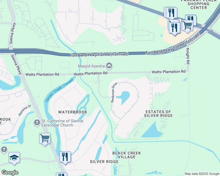 map of restaurants, bars, coffee shops, grocery stores, and more near 5126 Beekman Drive in Missouri City