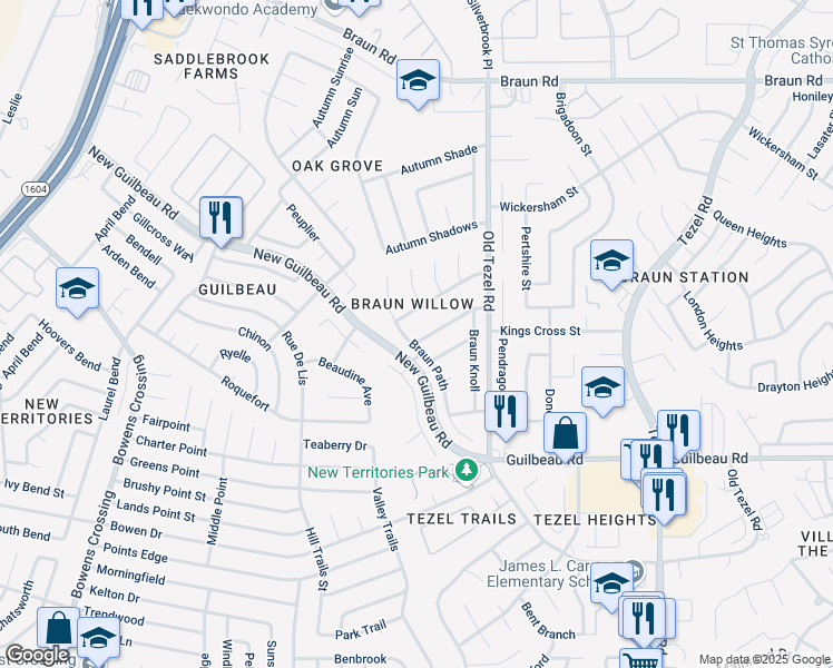 map of restaurants, bars, coffee shops, grocery stores, and more near 9563 Braun Creek in San Antonio