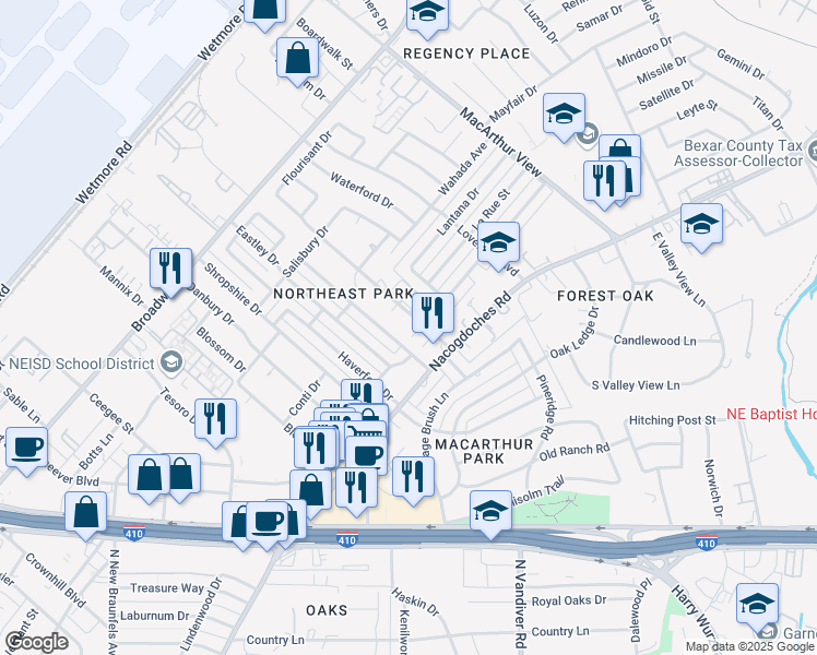 map of restaurants, bars, coffee shops, grocery stores, and more near 239 Middlebury Drive in San Antonio