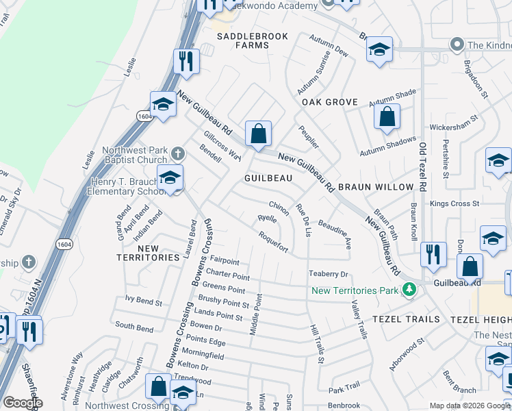 map of restaurants, bars, coffee shops, grocery stores, and more near 9027 Ryelle in San Antonio