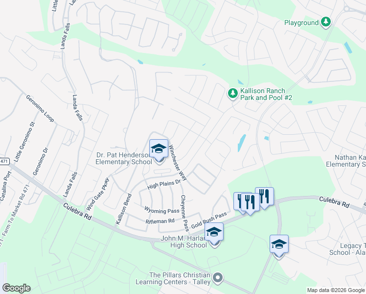 map of restaurants, bars, coffee shops, grocery stores, and more near 14439 Palomino Place in San Antonio