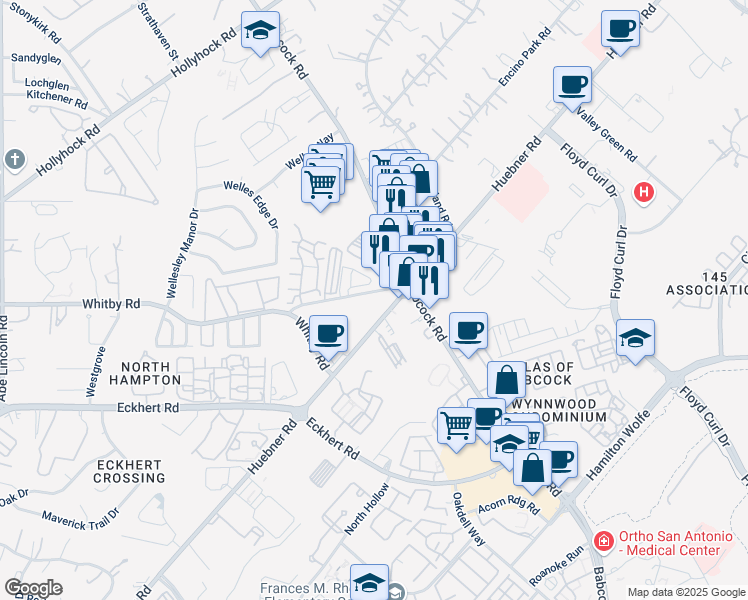 map of restaurants, bars, coffee shops, grocery stores, and more near 4 Whitby Road in San Antonio