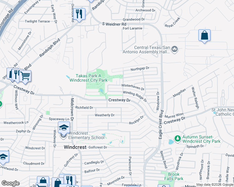 map of restaurants, bars, coffee shops, grocery stores, and more near 5822 Winding Ridge Drive in San Antonio