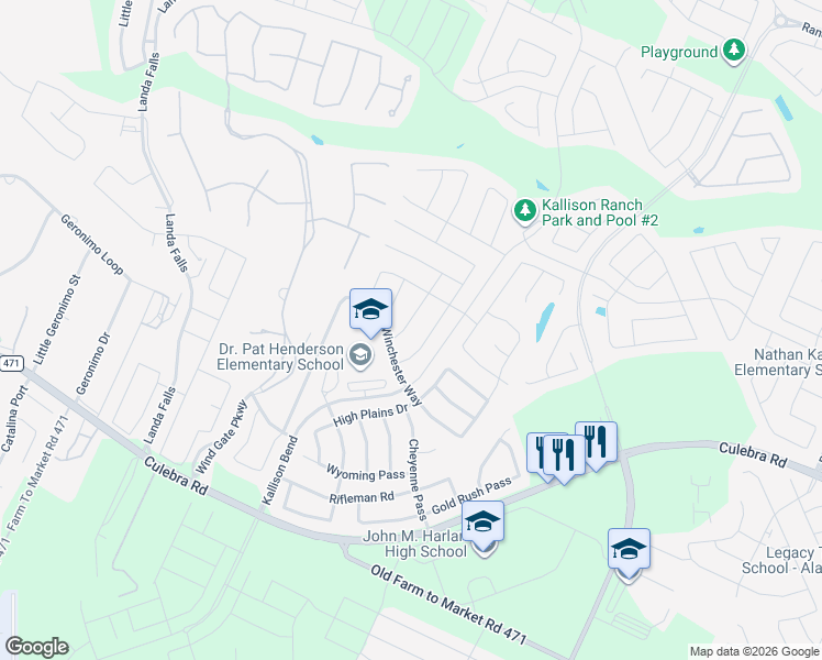 map of restaurants, bars, coffee shops, grocery stores, and more near 14439 Palomino Place in San Antonio