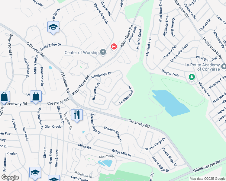 map of restaurants, bars, coffee shops, grocery stores, and more near 320 Bentbridge Drive in San Antonio
