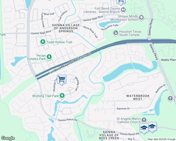 map of restaurants, bars, coffee shops, grocery stores, and more near 3 Velvet Willow Drive in Missouri City