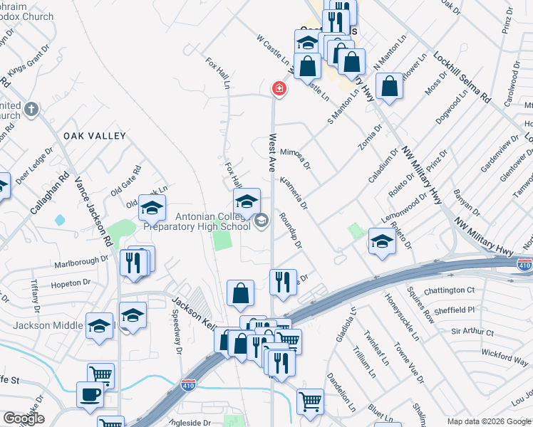 map of restaurants, bars, coffee shops, grocery stores, and more near 102 Fox Hall Lane in Castle Hills