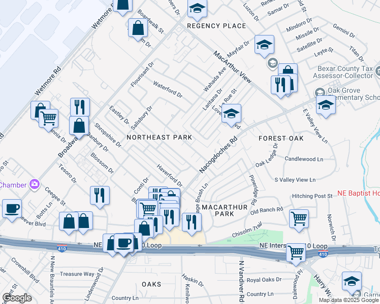 map of restaurants, bars, coffee shops, grocery stores, and more near 239 Middlebury Drive in San Antonio