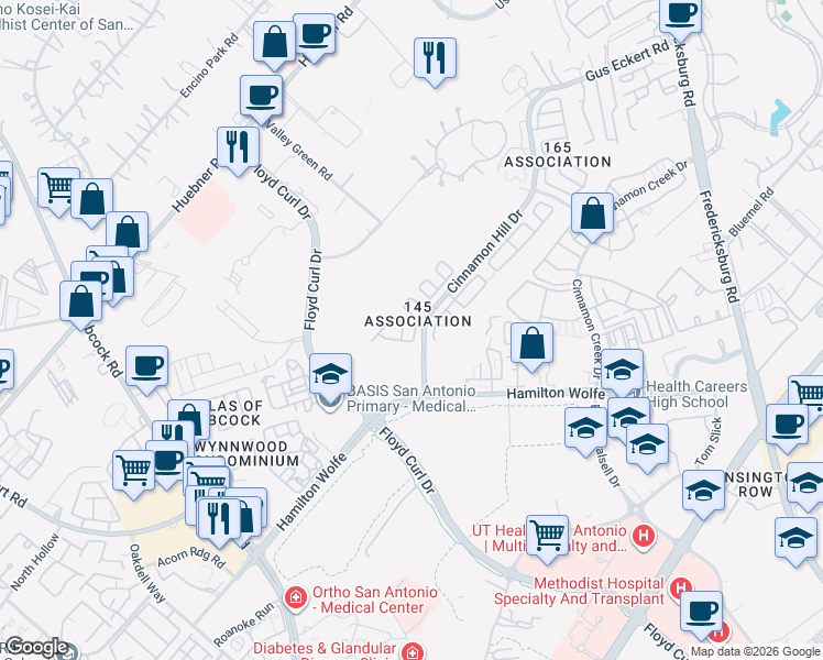 map of restaurants, bars, coffee shops, grocery stores, and more near 5021 Kenton Royalle in San Antonio