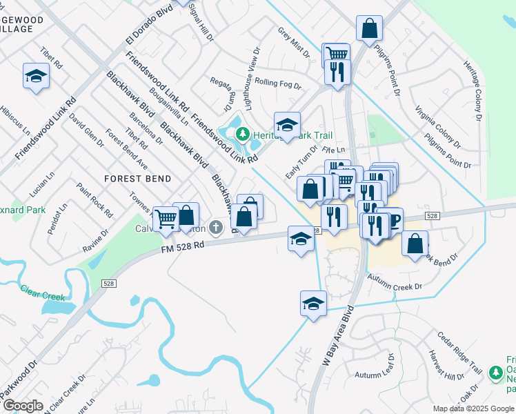 map of restaurants, bars, coffee shops, grocery stores, and more near 17231 Blackhawk Boulevard in Friendswood