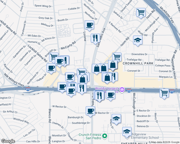 map of restaurants, bars, coffee shops, grocery stores, and more near 9200 Lorene in San Antonio