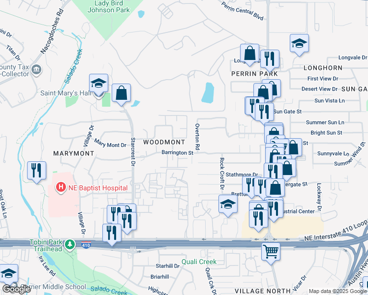 map of restaurants, bars, coffee shops, grocery stores, and more near 3938 Barrington Street in San Antonio