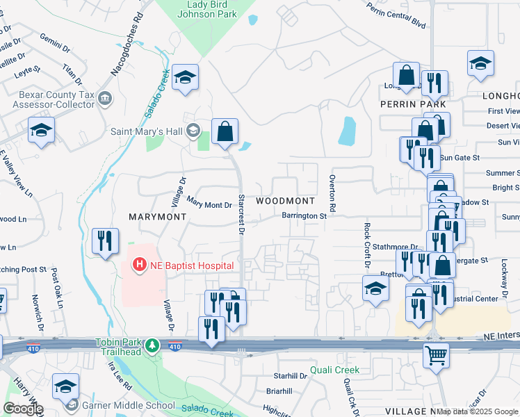 map of restaurants, bars, coffee shops, grocery stores, and more near 3803 Barrington Street in San Antonio