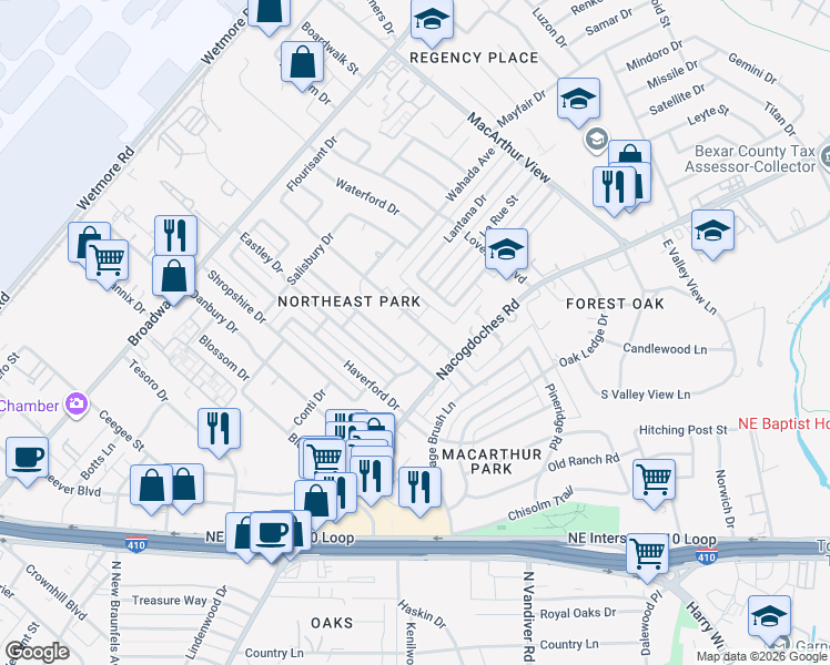 map of restaurants, bars, coffee shops, grocery stores, and more near 239 Middlebury Drive in San Antonio