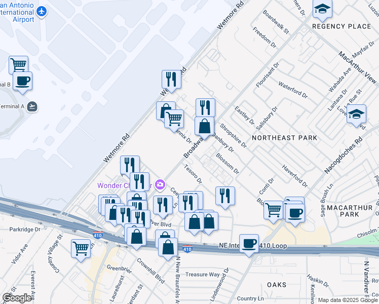 map of restaurants, bars, coffee shops, grocery stores, and more near 900 Broadway Street in San Antonio
