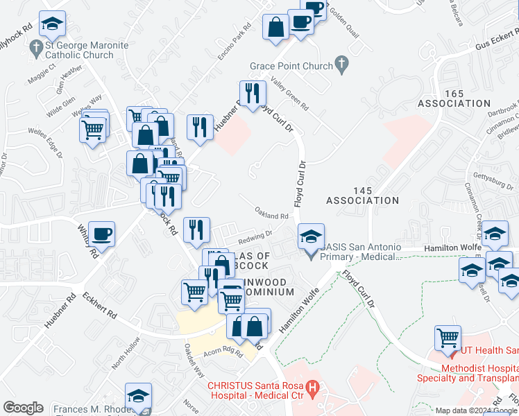 map of restaurants, bars, coffee shops, grocery stores, and more near 8725 Oakland Road in San Antonio
