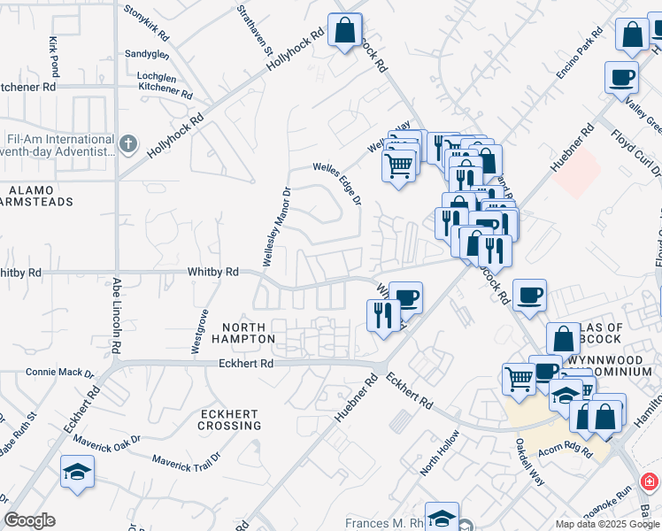 map of restaurants, bars, coffee shops, grocery stores, and more near 6101 Whitby Road in San Antonio