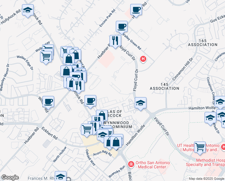 map of restaurants, bars, coffee shops, grocery stores, and more near 8725 Oakland Road in San Antonio