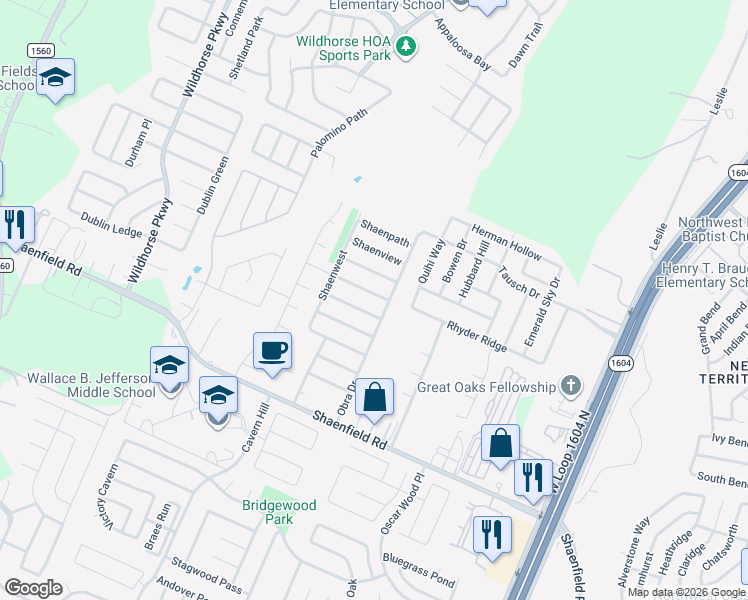 map of restaurants, bars, coffee shops, grocery stores, and more near 10602 Shaenmeadow in San Antonio