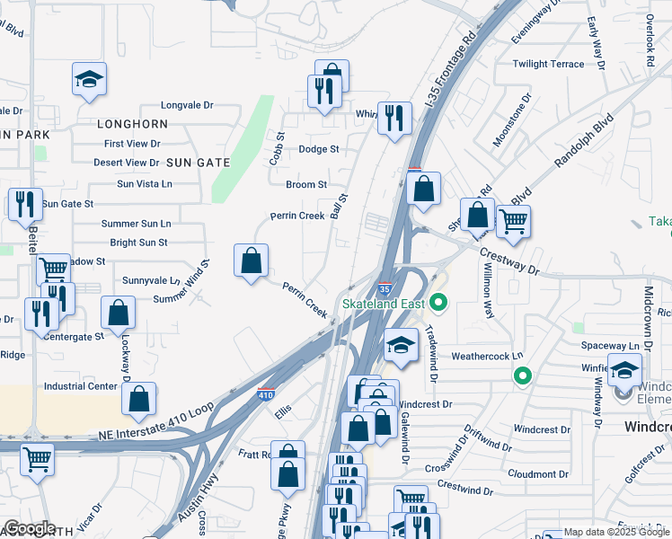 map of restaurants, bars, coffee shops, grocery stores, and more near 9534 Ball Street in San Antonio