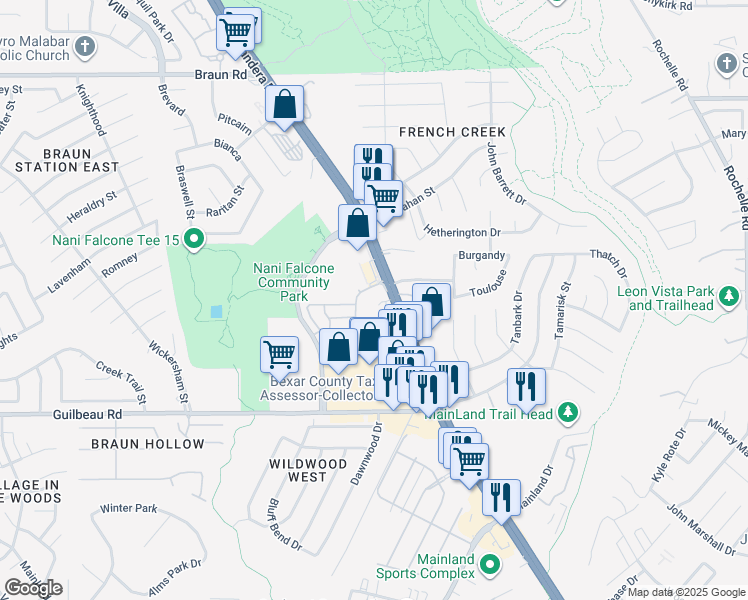 map of restaurants, bars, coffee shops, grocery stores, and more near 8627 Bandera Road in San Antonio