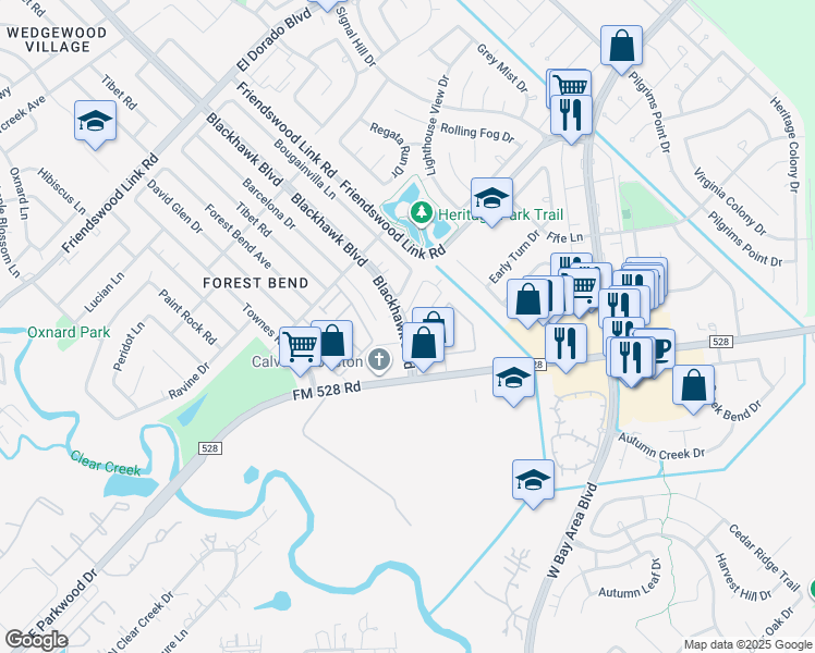 map of restaurants, bars, coffee shops, grocery stores, and more near 17239 Blackhawk Boulevard in Friendswood