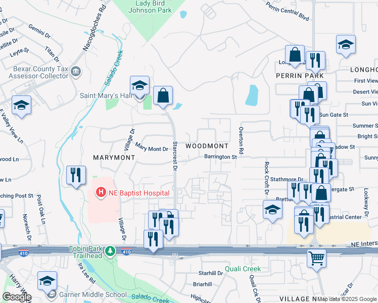 map of restaurants, bars, coffee shops, grocery stores, and more near 3803 Barrington Street in San Antonio