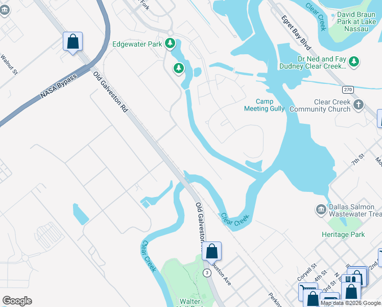 map of restaurants, bars, coffee shops, grocery stores, and more near 19510 Old Galveston Road in Webster
