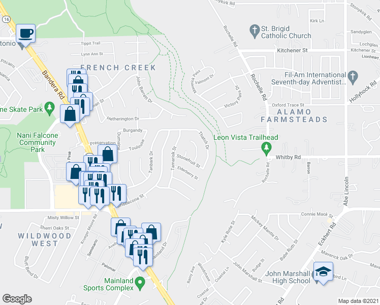 map of restaurants, bars, coffee shops, grocery stores, and more near 8710 Greenthread Drive in San Antonio