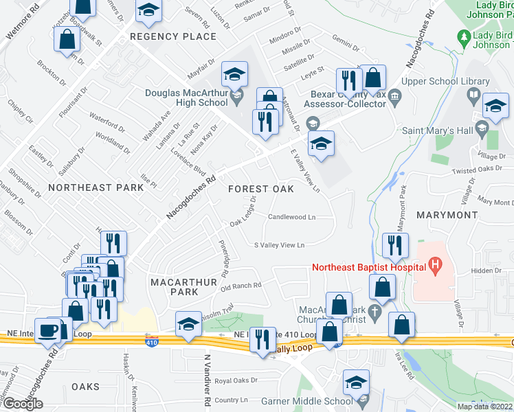 map of restaurants, bars, coffee shops, grocery stores, and more near 9143 Oak Ledge Drive in San Antonio