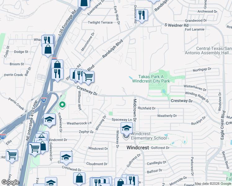 map of restaurants, bars, coffee shops, grocery stores, and more near 325 Westwind Circle in San Antonio