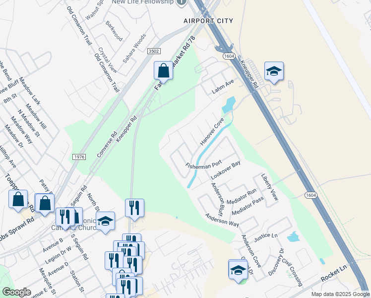 map of restaurants, bars, coffee shops, grocery stores, and more near 9535 Fisherman Port in Converse