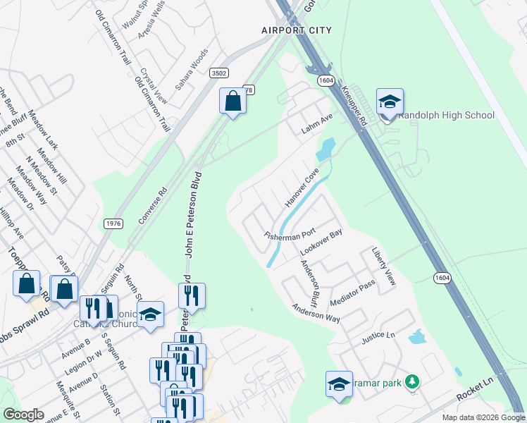 map of restaurants, bars, coffee shops, grocery stores, and more near 9535 Fisherman Port in Converse
