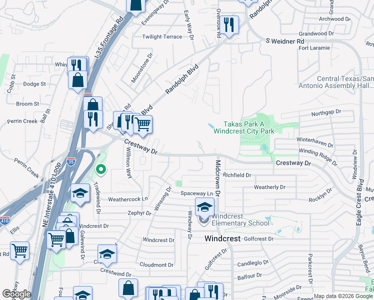 map of restaurants, bars, coffee shops, grocery stores, and more near 325 Westwind Circle in San Antonio