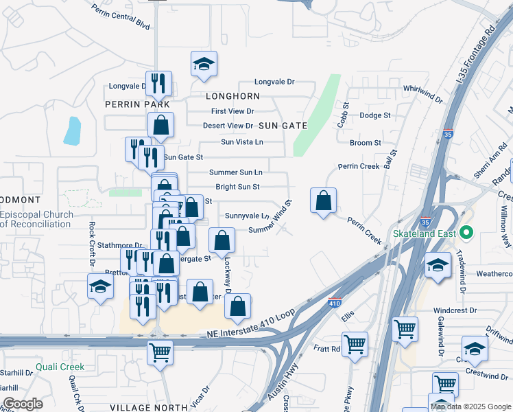 map of restaurants, bars, coffee shops, grocery stores, and more near 4423 Sunnyvale Lane in San Antonio