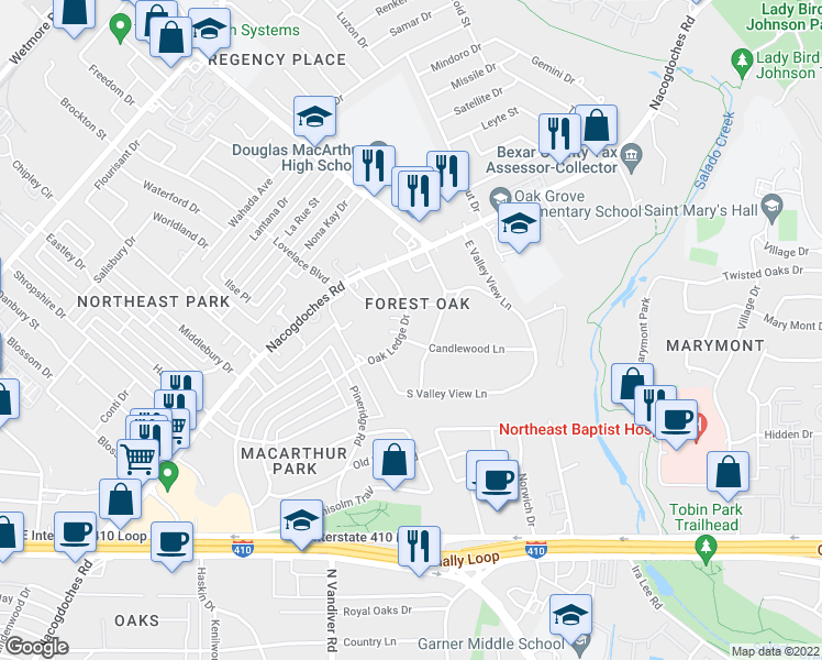 map of restaurants, bars, coffee shops, grocery stores, and more near 9143 Oak Ledge Drive in San Antonio